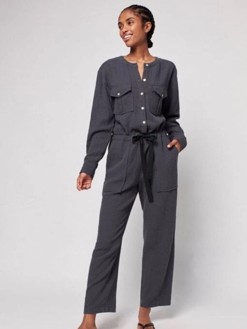 Faherty Women size XS Dream Organic Cotton Jumpsuit Button Charcoal Gray